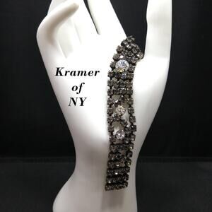 Vintage Kramer Black Clear Crystal Rhinestone Bracelet, Silver Plated, 1950s